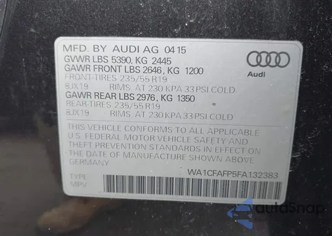 2015 Audi Q5 2.0T Premium z USA, uszkodzony, nr VIN WA1CFAFP5FA132383
